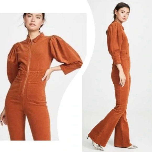 WeWoreWhat 70's Corduroy Jumpsuit Puff Sleeves Flare Legs Retro Y2K Orange, XS - Picture 3 of 7